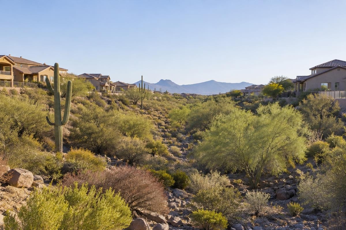 A desert wash thick with palo verde and saguaro running between two rows of tile-roofed houses, with mountains beyond