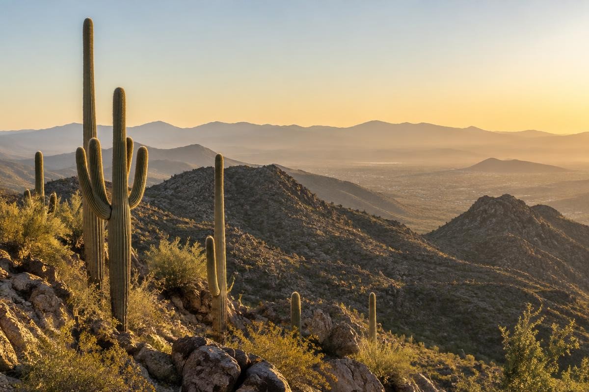 Saguaro cactus on a rocky ridge in the higher Sonoran Desert, looking down over the valley at sunrise
