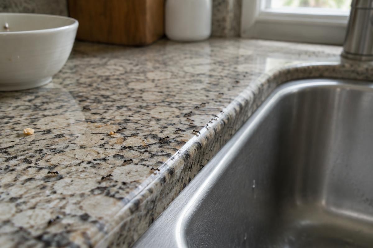 Ants crossing a granite kitchen worktop beside a stainless steel sink