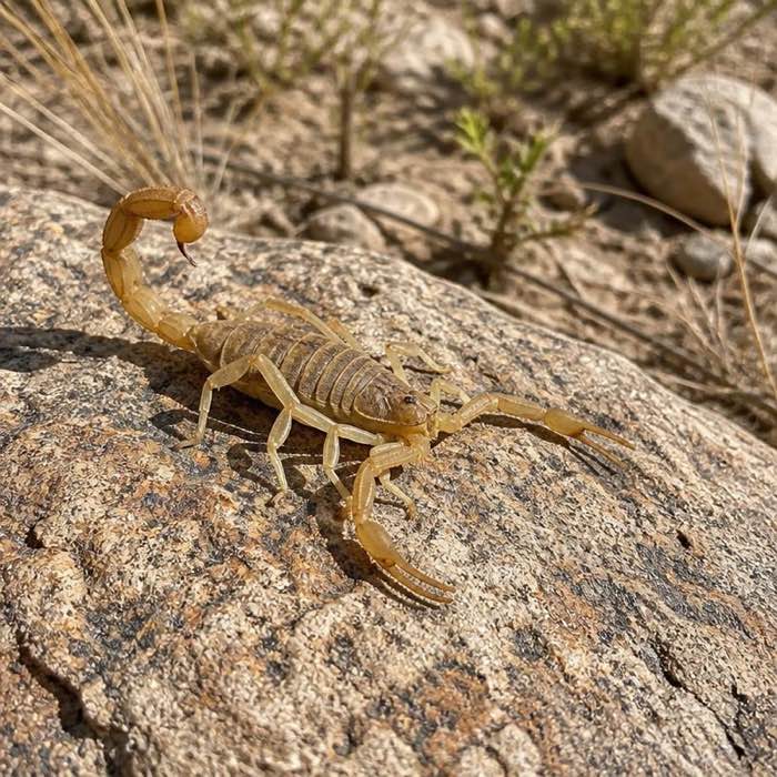 Arizona bark scorpion on a desert rock, showing the slender tail and thin pincers used to identify it