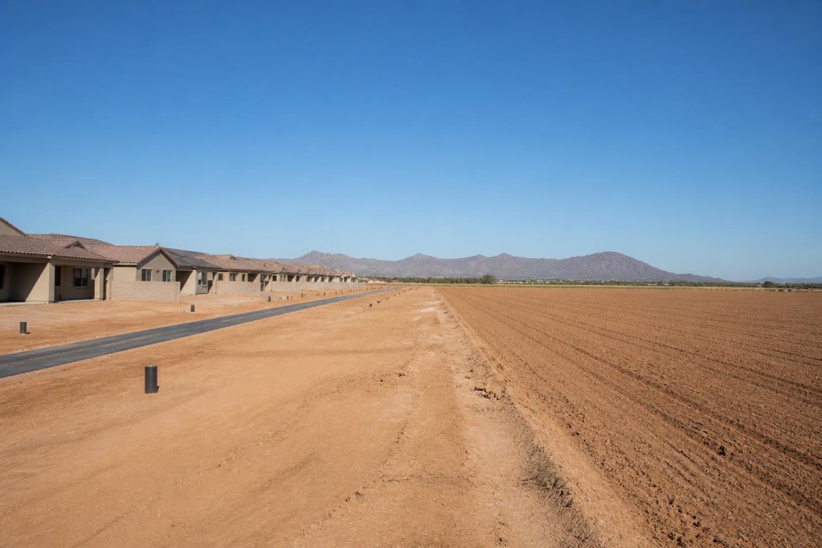 A row of new houses beside a ploughed field with desert mountains behind