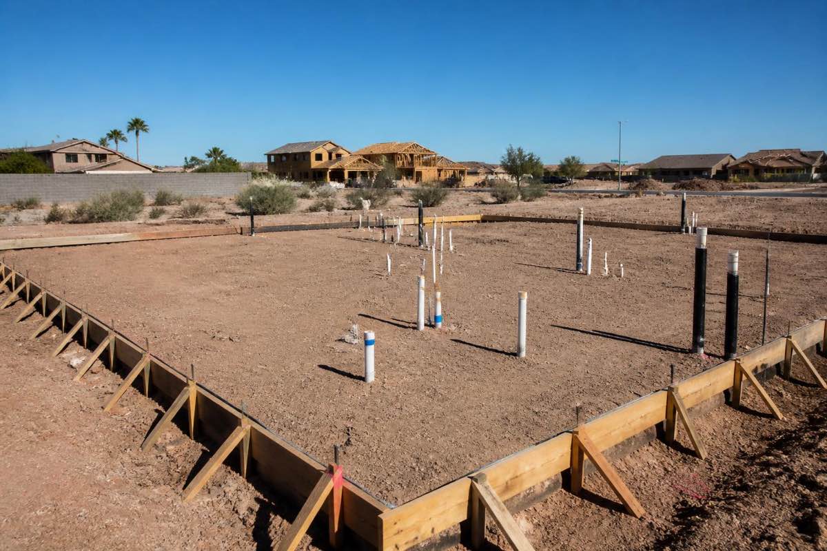 Foundation forms and plumbing stub-ups on graded soil before a slab is poured