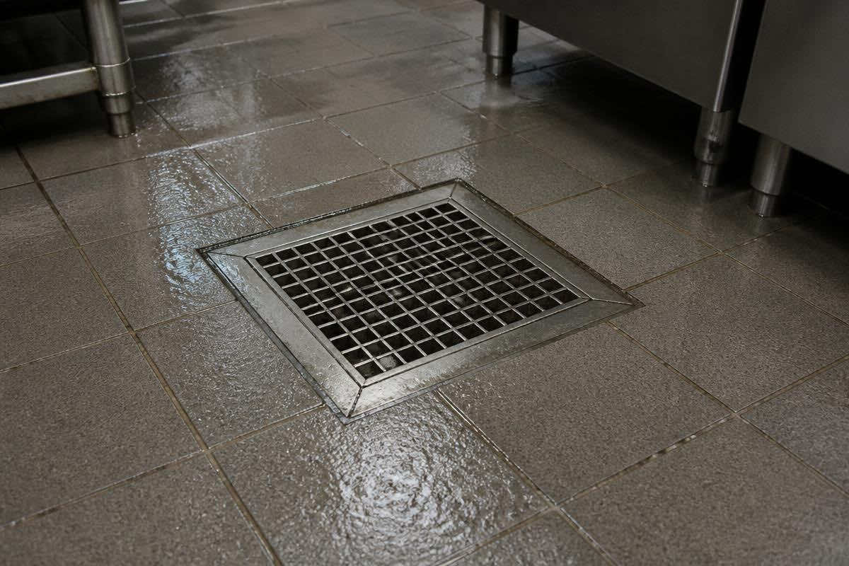 Floor drain in a commercial kitchen, where small flies breed