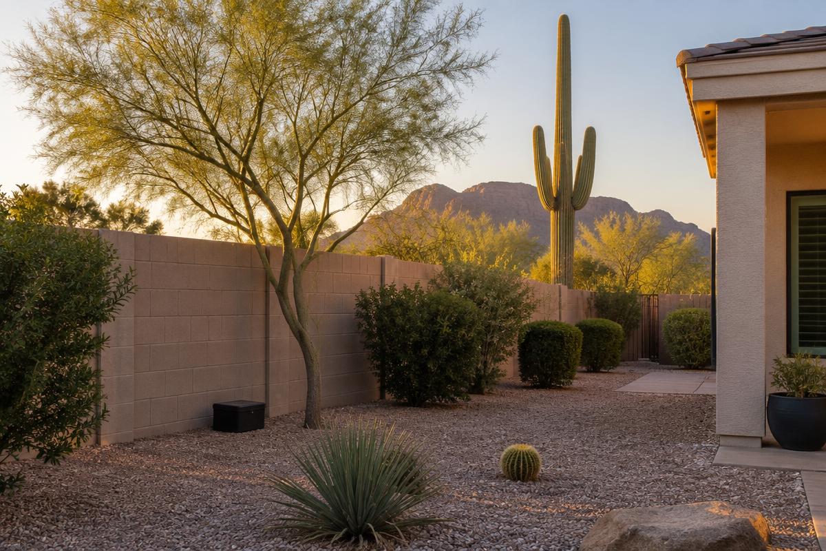 A walled desert back garden with gravel, a palo verde and a saguaro, and a mountain ridge beyond the wall at sunset