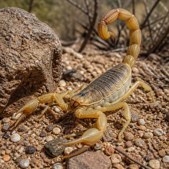 Desert hairy scorpion in a defensive posture on desert gravel, showing its thick pincers and dark back