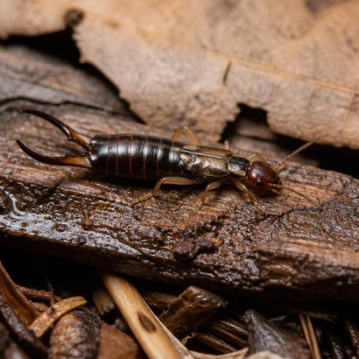 Earwig on damp wood, showing the curved forceps at the rear of the abdomen