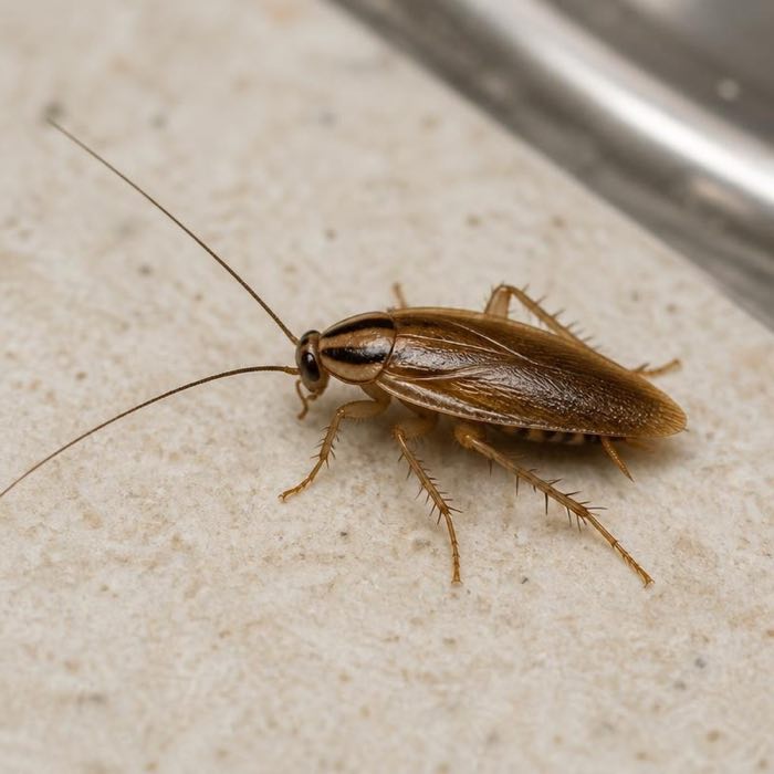 German cockroach on a kitchen surface, showing the two dark parallel stripes behind the head