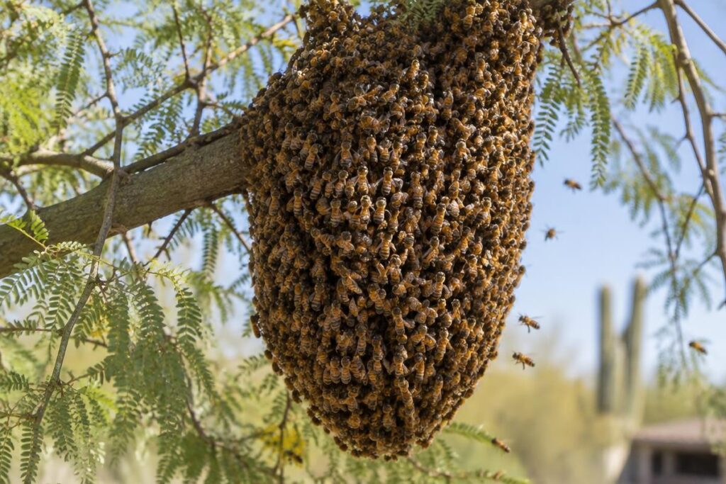 A large cluster of honey bees swarming on the branch of a mesquite tree in the desert