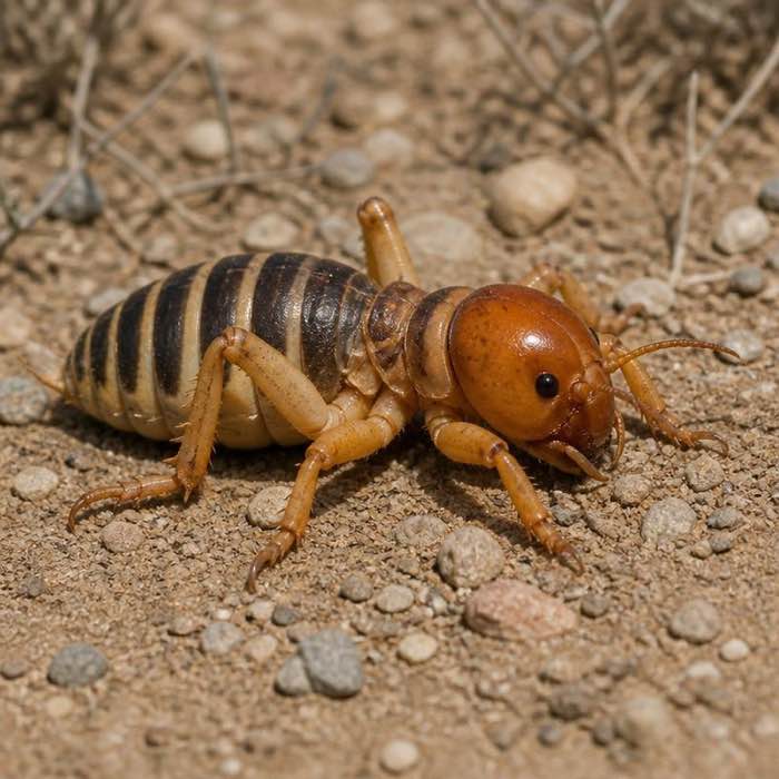 Jerusalem cricket on desert soil, showing the large amber head and black-banded abdomen