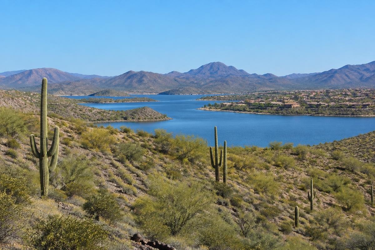 A large desert lake ringed by saguaro-covered hills, with houses along the far shore