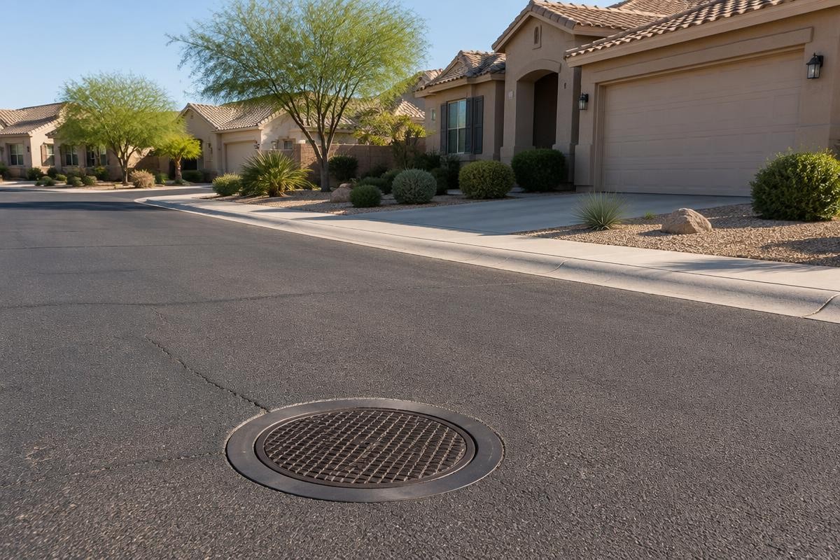 A manhole cover set into the asphalt of a quiet residential street lined with tile-roofed houses