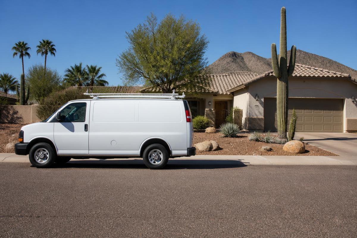 An unmarked white work van parked outside a tile-roofed desert home