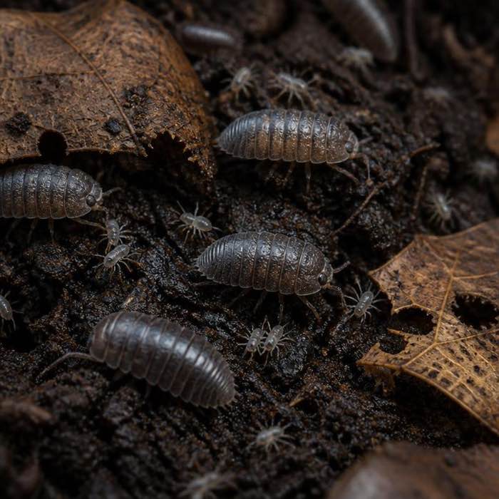 Pillbugs and pale springtails together on damp soil under leaf litter