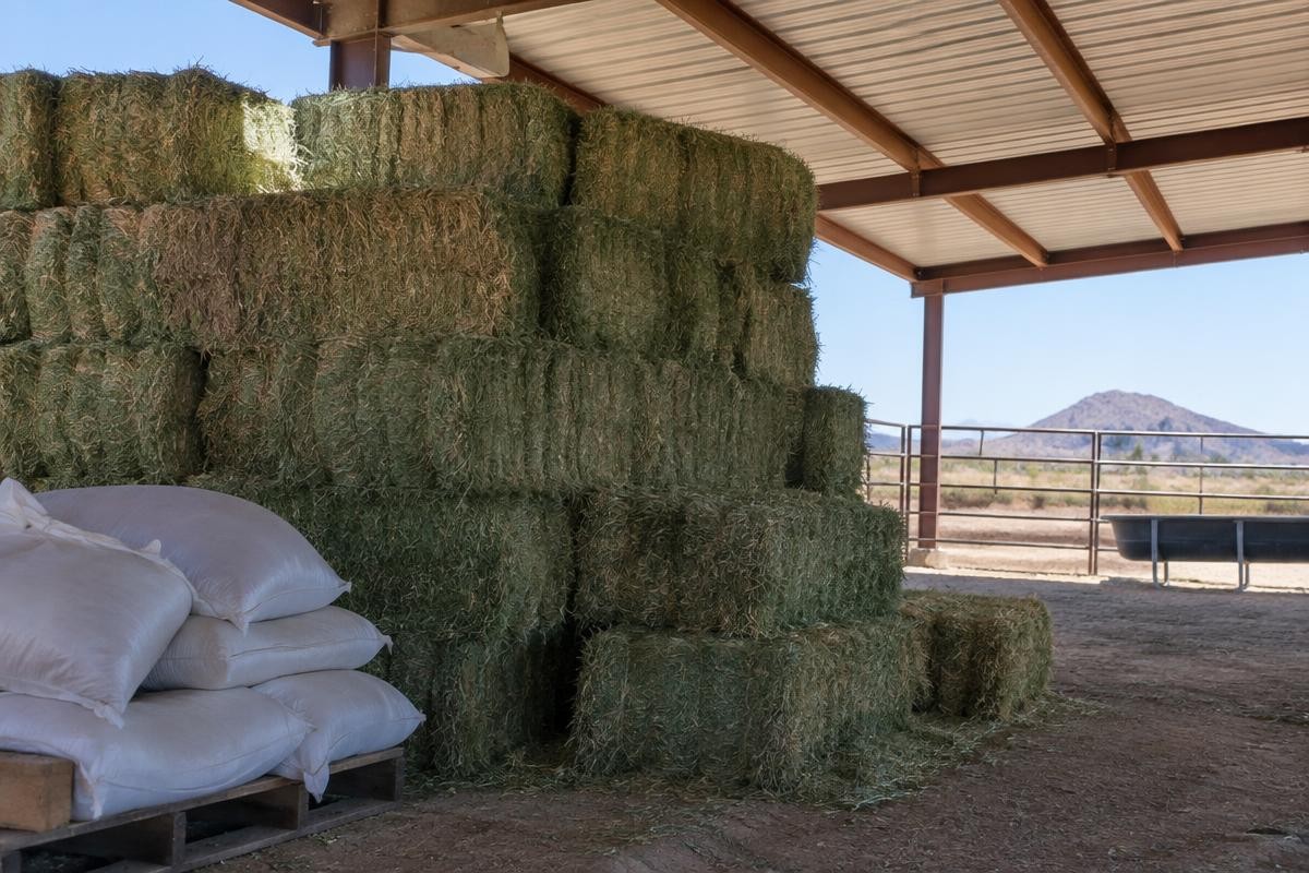Stacked bales of hay under an open-sided steel barn on a desert property, with sacks of feed on a pallet alongside