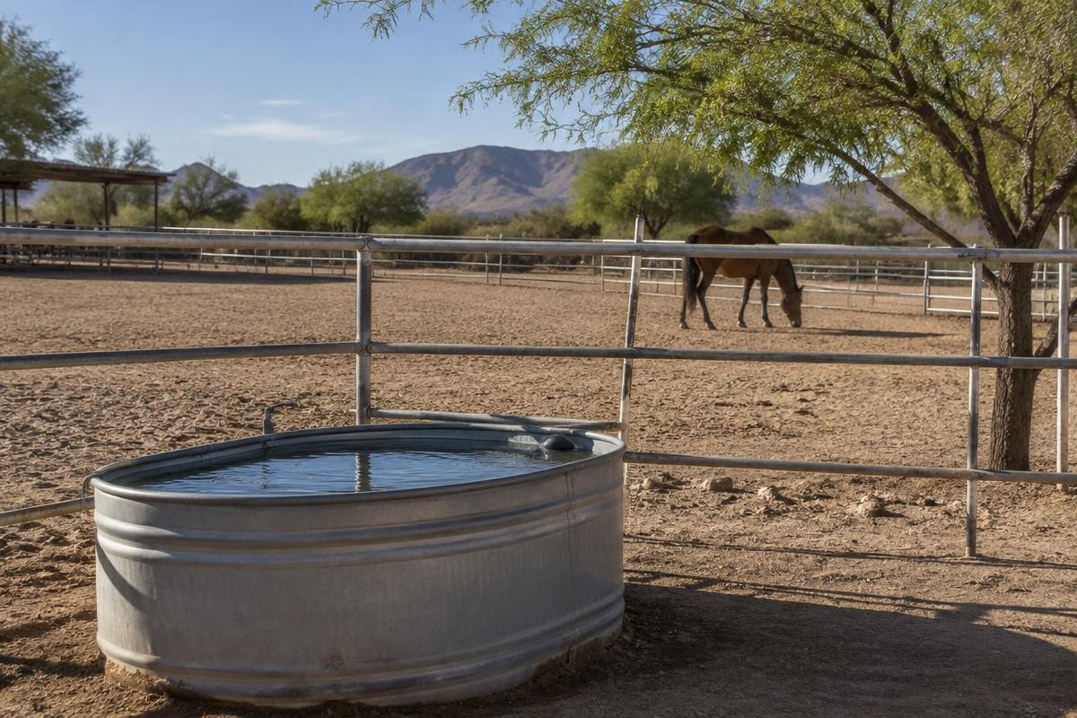 A galvanised water trough in a fenced paddock with a horse grazing beyond and desert mountains behind