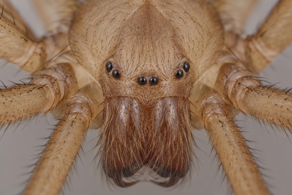 Macro close-up of a pale tan recluse spider viewed head-on, showing six eyes arranged in three widely separated pairs