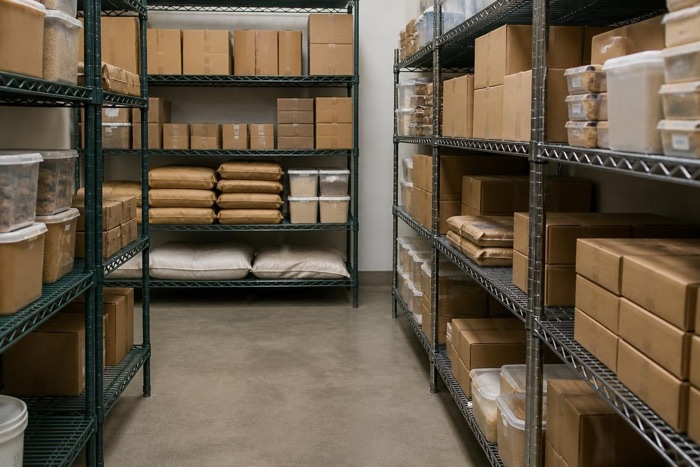 Wire shelving stacked with cartons and sacks in a restaurant dry store