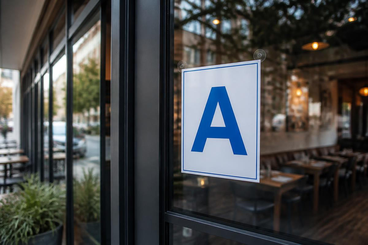 Food safety letter grade card displayed in a restaurant window