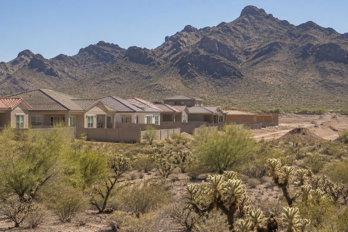 A row of newly built tile-roofed houses backing directly onto undeveloped desert, with cholla in the foreground and a mountain behind