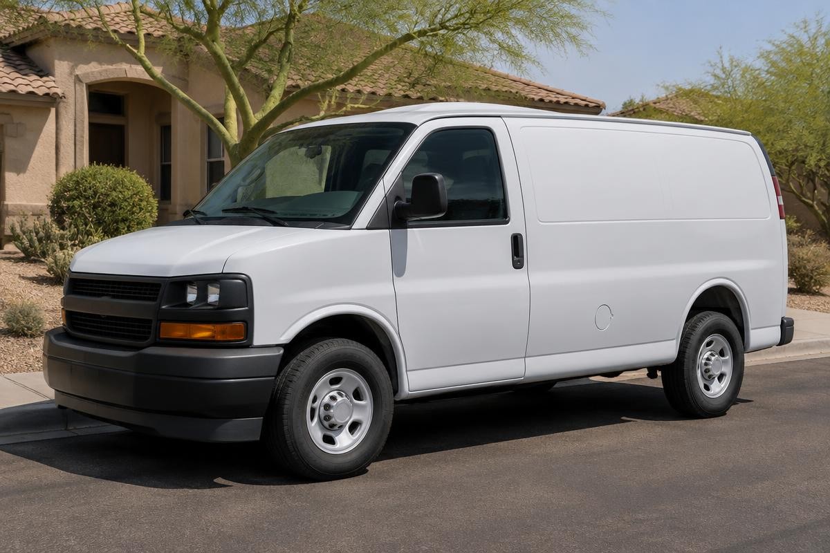 A white service van parked on the street outside a tile-roofed Phoenix home with desert landscaping
