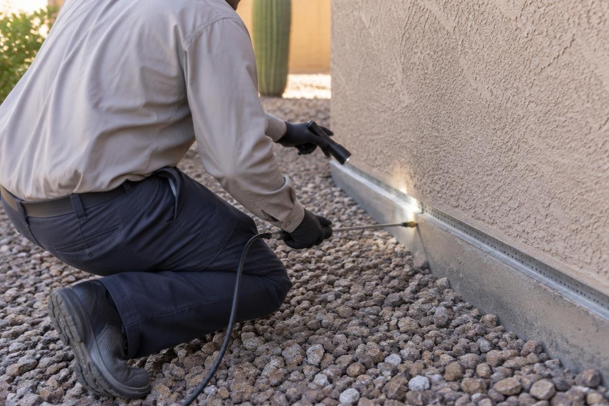 A pest control technician kneeling beside a stucco wall, treating along the weep screed line above desert gravel