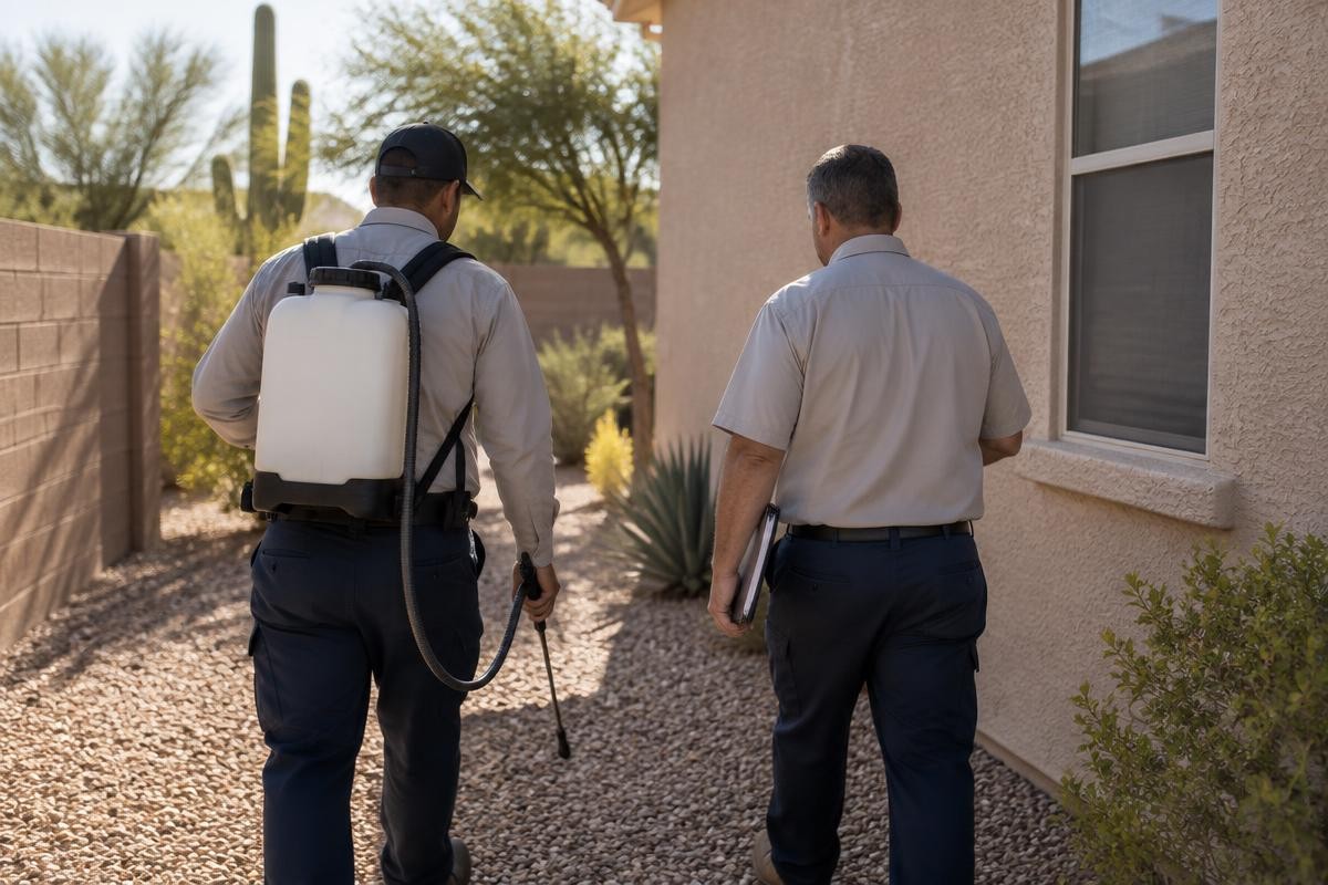 Two pest control technicians walking along the side of a house, one carrying a backpack sprayer and the other a clipboard