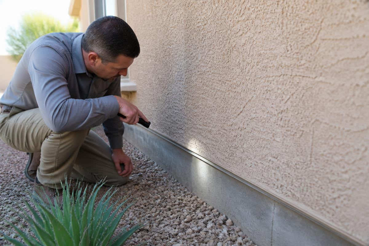 Technician inspecting the weep screed at the base of a stucco wall