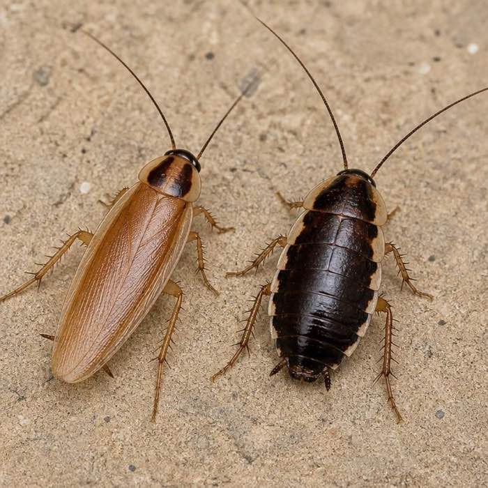 Male and female Turkestan cockroaches side by side, the male tan and winged, the female dark with cream margins