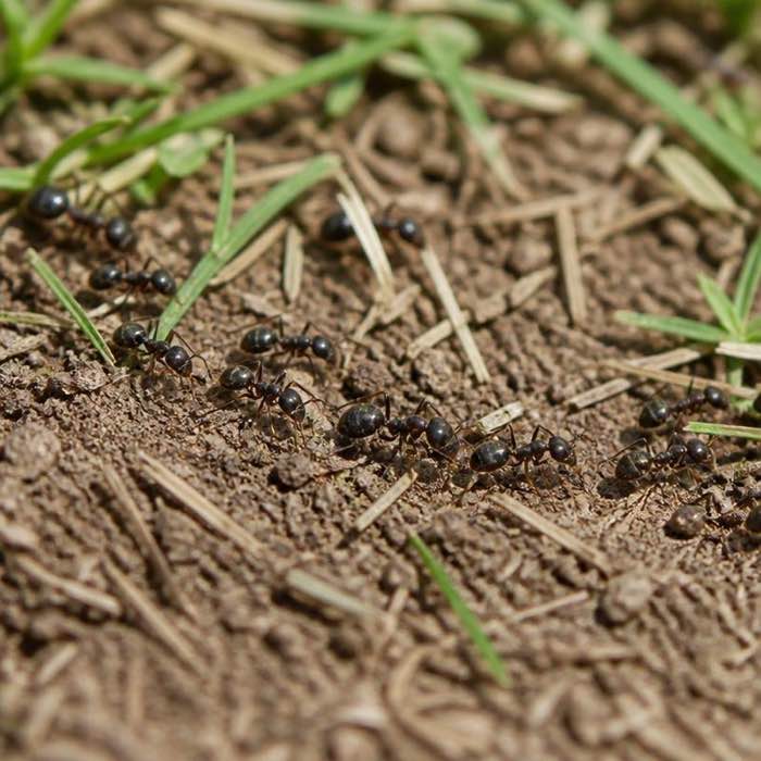 Trail of small dark ants running in single file across bare soil at a lawn edge