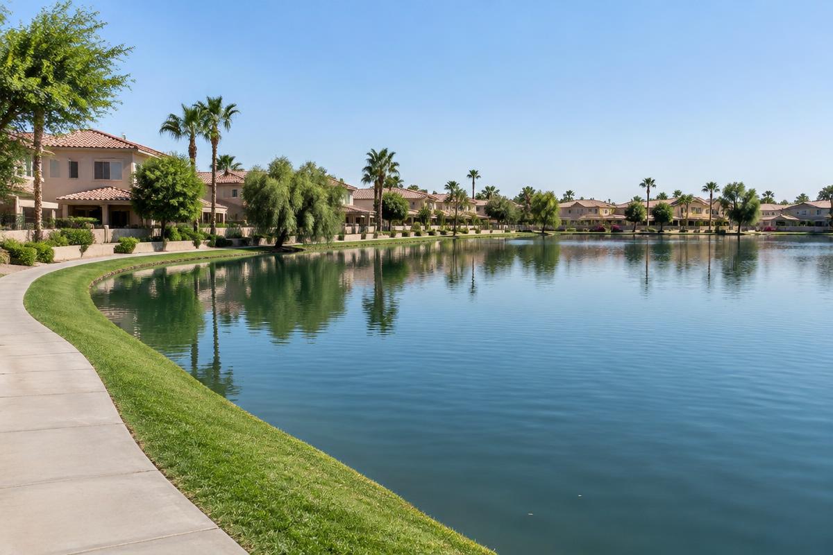 A man-made residential lake in Gilbert with stucco houses and palms along both shores, mown turf running down to the water and a footpath following the bank