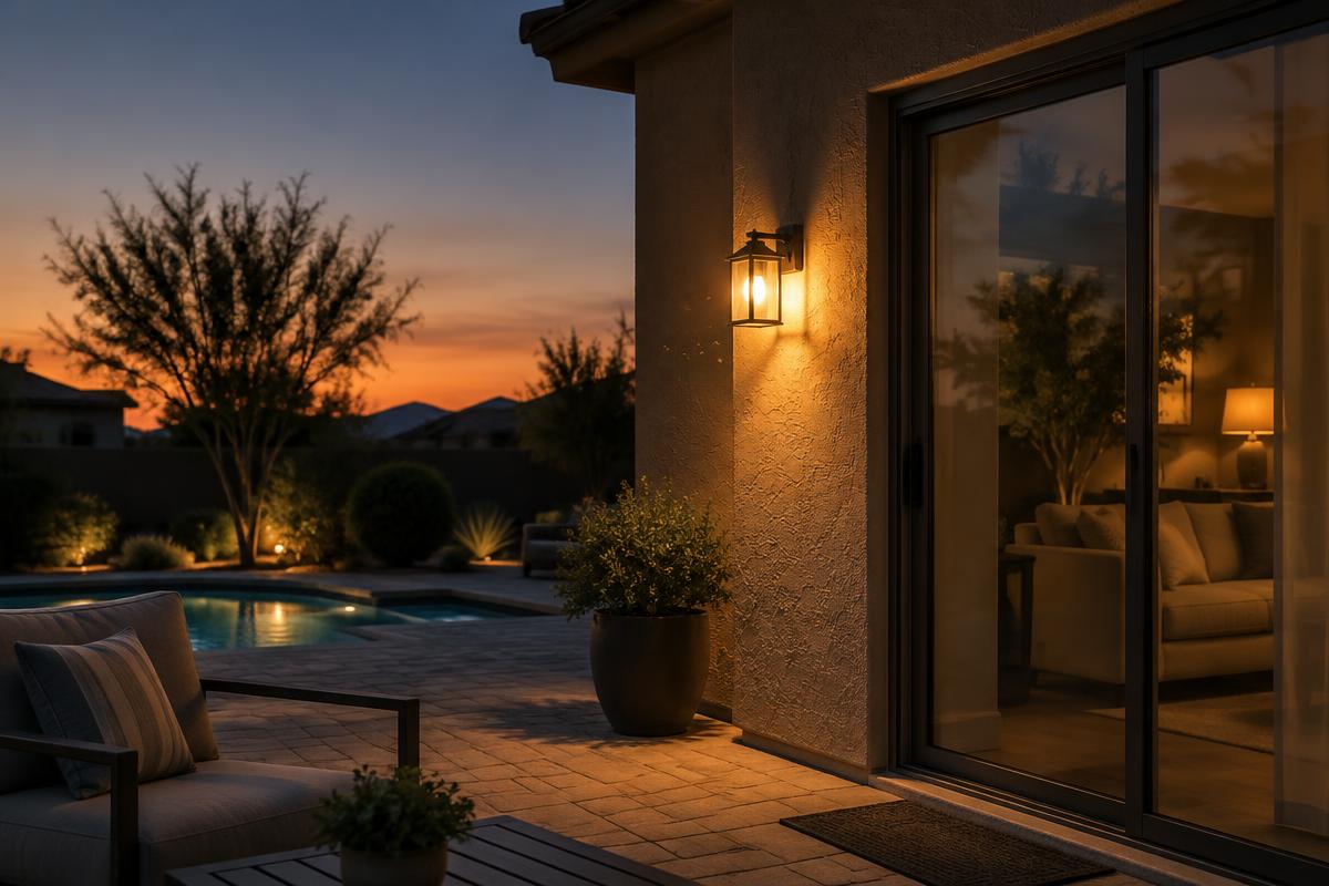 A lantern-style wall light lit beside a patio door at dusk, casting a pool of light across the stucco wall and paving, with a pool and desert planting beyond