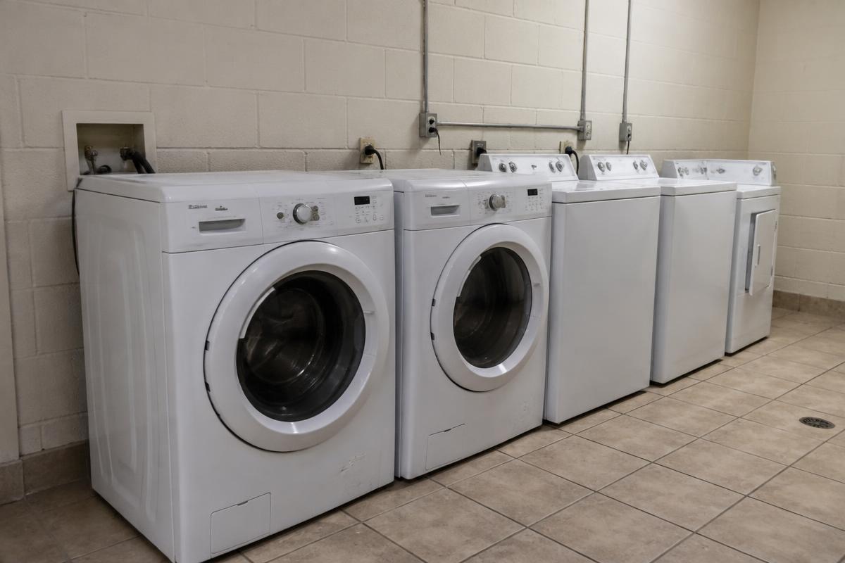 A shared laundry room in an apartment block with five washers and dryers in a row against a painted block wall, exposed plumbing above and a floor drain